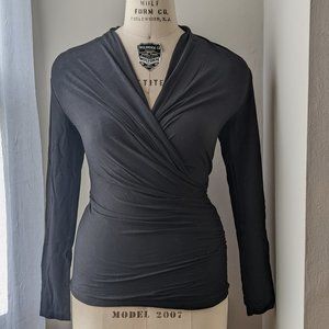 MM LAFLEUR Fey Faux Wrap Top Black Long Sleeves Stretchy Work Wear Ruched US L